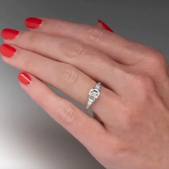 14k White Gold Diamond Ring Band Emerald Cut Ring Band - Picture 4 of 4